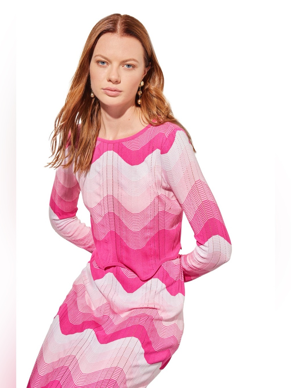 Ming Wang Carmine Rose Crop Top Skirt Set Bundle Sz L Pink Knit